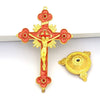 Antique-style crucifix figurine featuring a gold-colored cross with a corpus and a decorative stand.