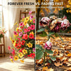 A close-up of colorful silk petals and real flowers demonstrating the difference between forever fresh and fading fast flower