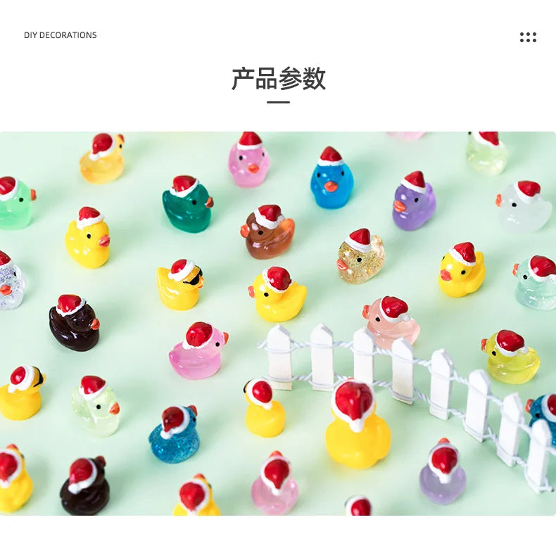 A collection of glow-in-the-dark duck figurines wearing Santa hats in various colors and shapes.