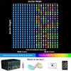A vertical display of RGB LED curtain lights showing various colors and a box containing the product.