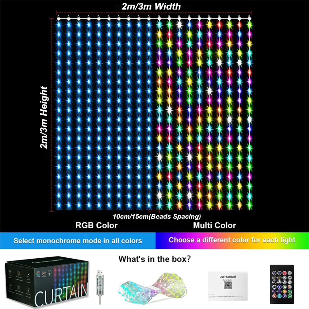 A vertical display of RGB LED curtain lights showing various colors and a box containing the product.