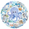 A circular collage of watercolor stickers depicting various ocean life such as a blue octopus and sea creatures.