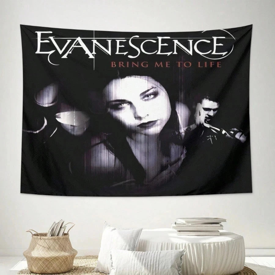 A black wall tapestry featuring the Evanescence band logo and text Bring Me to Life
