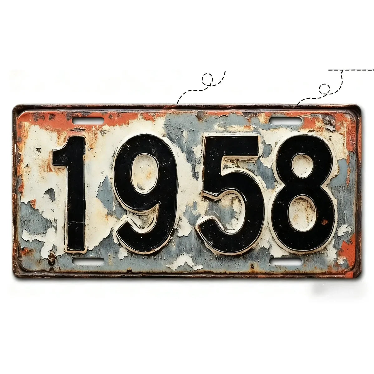 A vintage style aluminum license plate with the year 1958 showing signs of rust and fading.