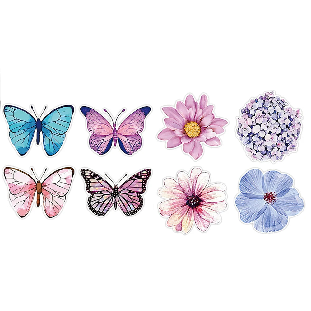 Collection de décalcomanies colorées d'insectes et de fleurs pour loisirs créatifs et décoration, dans des tons roses, bleus 