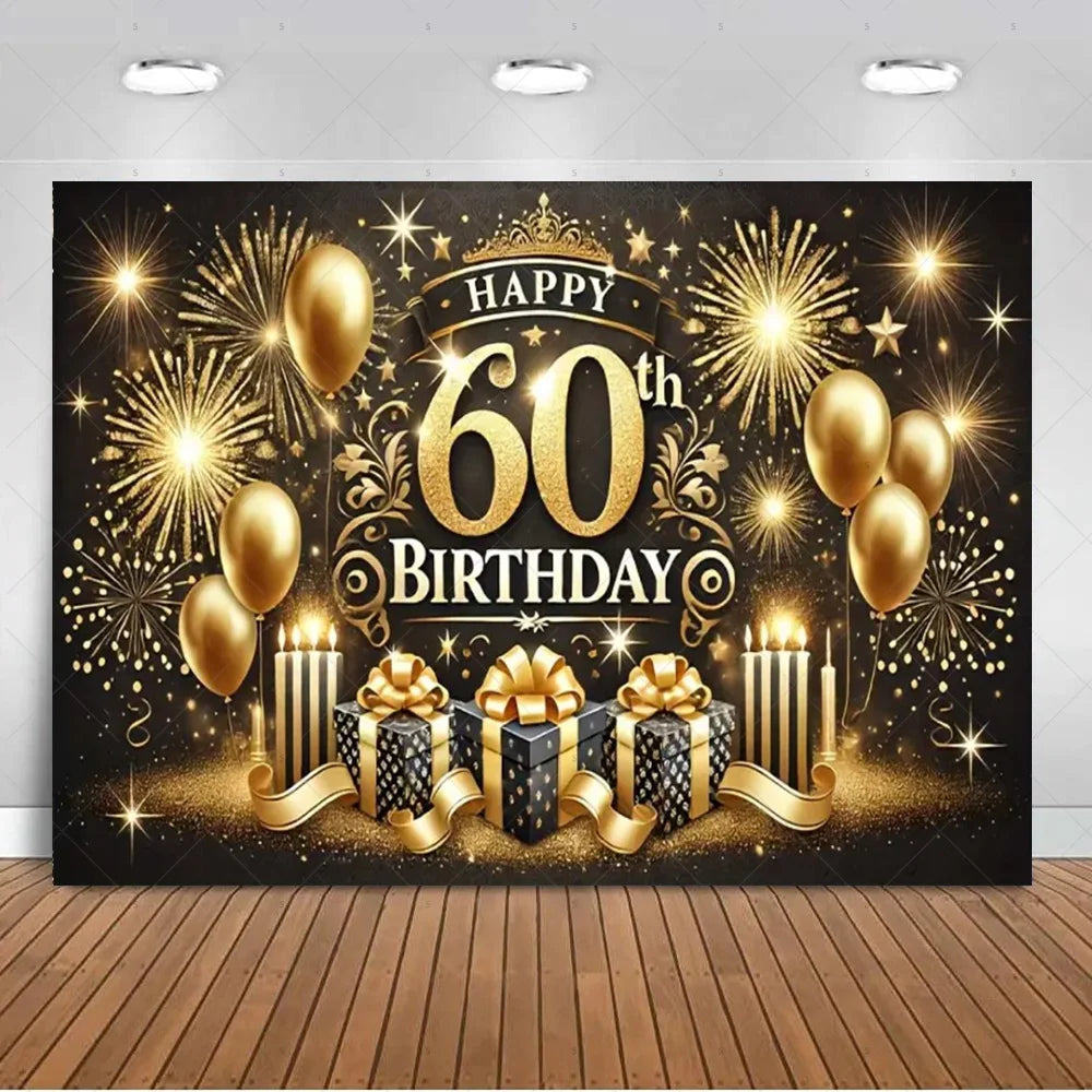 A dark backdrop for a 60th birthday photo booth featuring gold balloons, sparkling fireworks, and wrapped gifts.