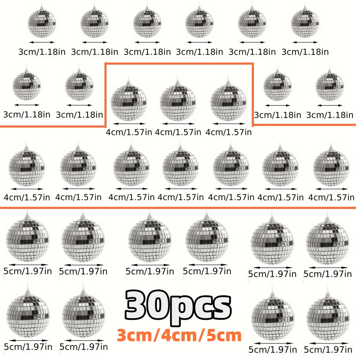 A collection of mini disco ball ornaments in various sizes and finishes, including 3cm, 4cm, and 5cm diameters.