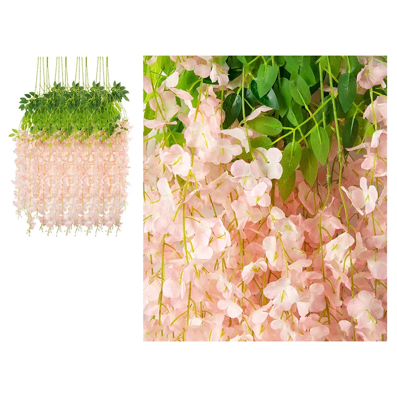 A dense cluster of pink silk wisteria vine flowers and green leaves used for wedding and home decor.
