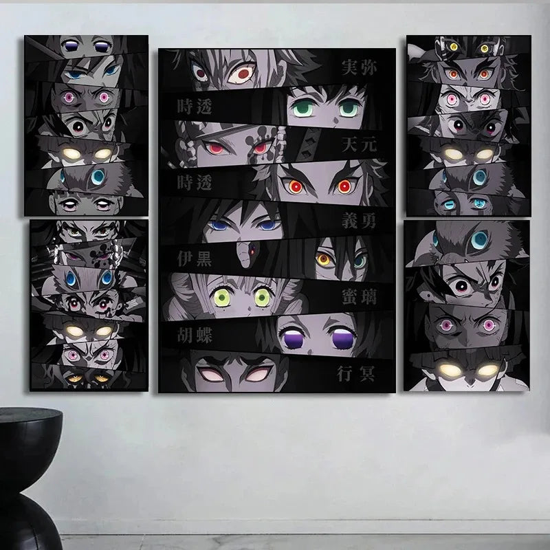 A set of nine dark-themed Demon Slayer anime character eyes prints displayed on a white wall.