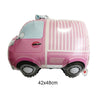 Pink construction truck foil balloon decorated with white stripes and silver wheels