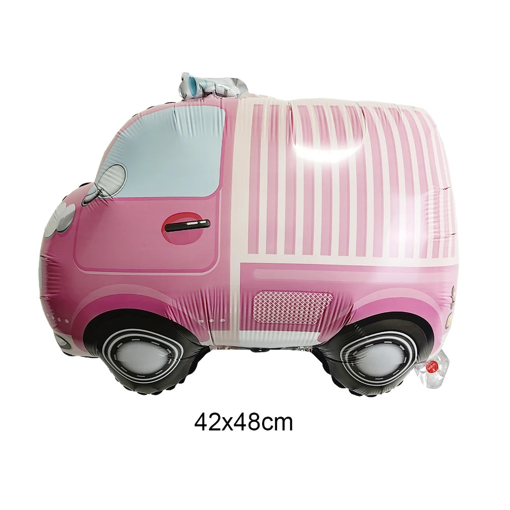 Pink construction truck foil balloon decorated with white stripes and silver wheels