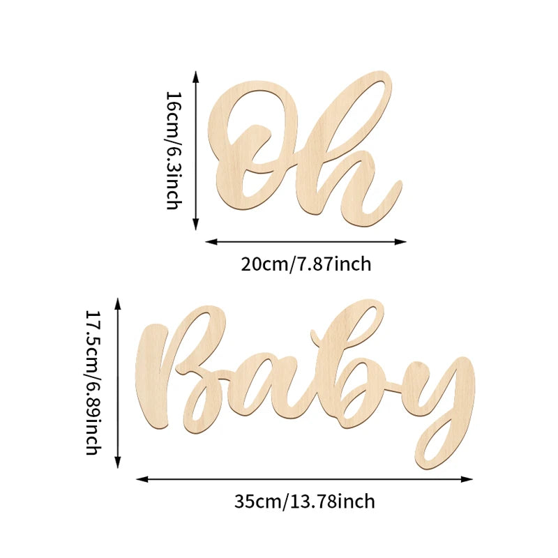 Wooden script sign spelling Oh Baby with measurements shown