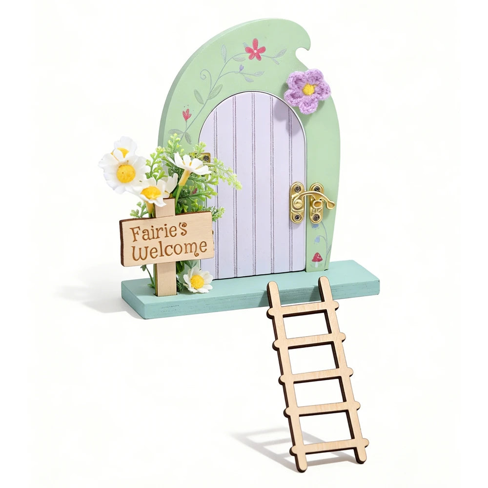 A wooden fairy elf door miniature decoration featuring a picket gate and a small ladder.