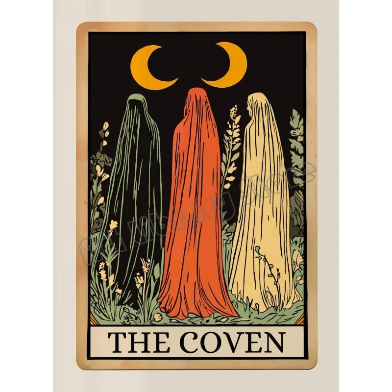 A tarot card illustration featuring three figures silhouetted against a dark background with crescent moons above them.