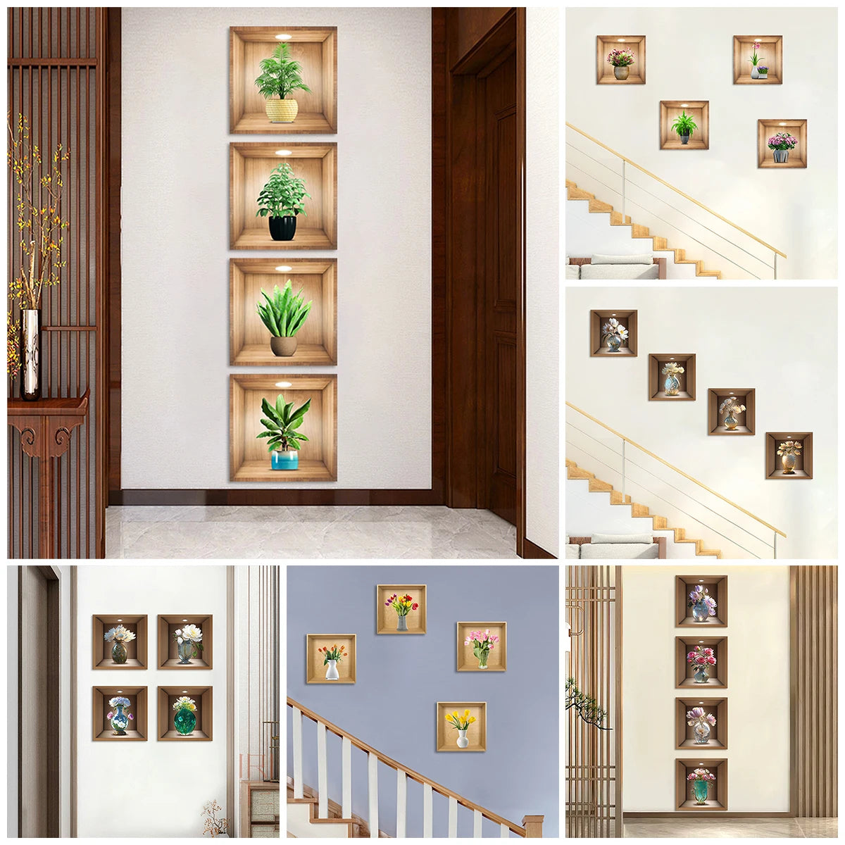 Exposition de plantes en pots dans des cadres en bois, accrochés à un mur blanc, à côté d'une balustrade d'escalier.