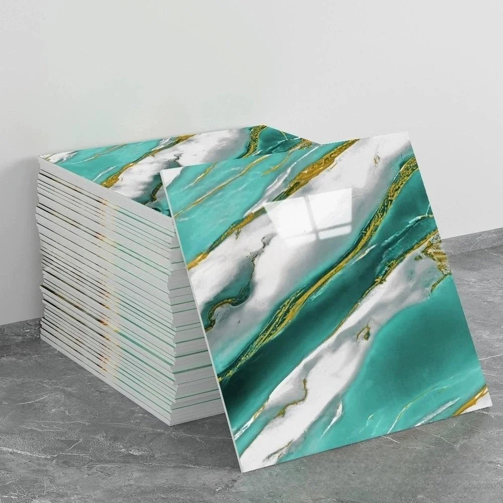 A stack of self-adhesive marble tile stickers featuring teal and white marble patterns with gold veining.