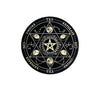A black wooden pendulum board with a pentagram design and directional words like YES, NO, UNSURE, and REPHRASE.