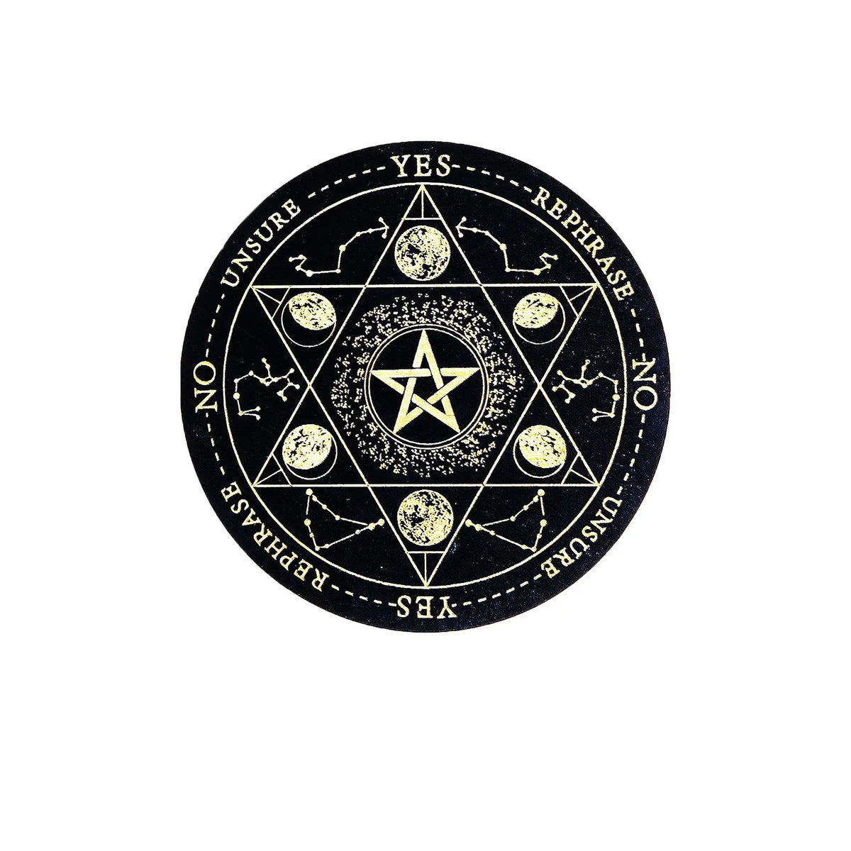 A black wooden pendulum board with a pentagram design and directional words like YES, NO, UNSURE, and REPHRASE.