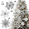 A collection of glittered artificial white flowers in various sizes and styles with clips, shown alongside a decorated Christ