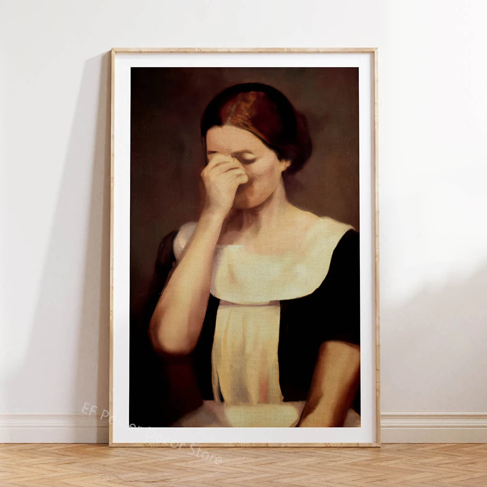 A painting of a woman with reddish hair looking down, touching her face in a dark setting.