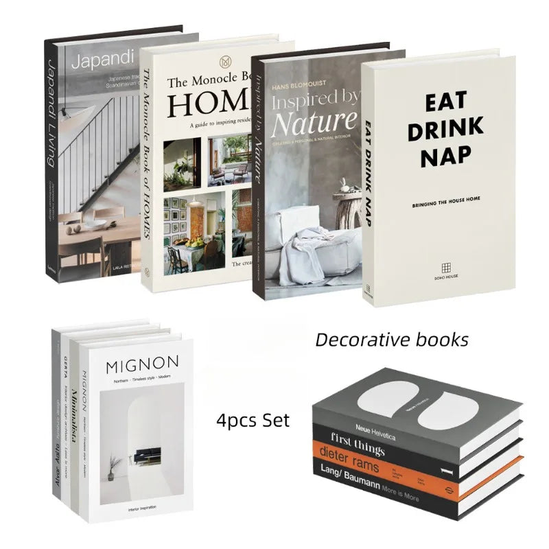 A set of four decorative faux books featuring titles like Japandi Living, The Monocle Book of Homes, Inspired by Nature, and 