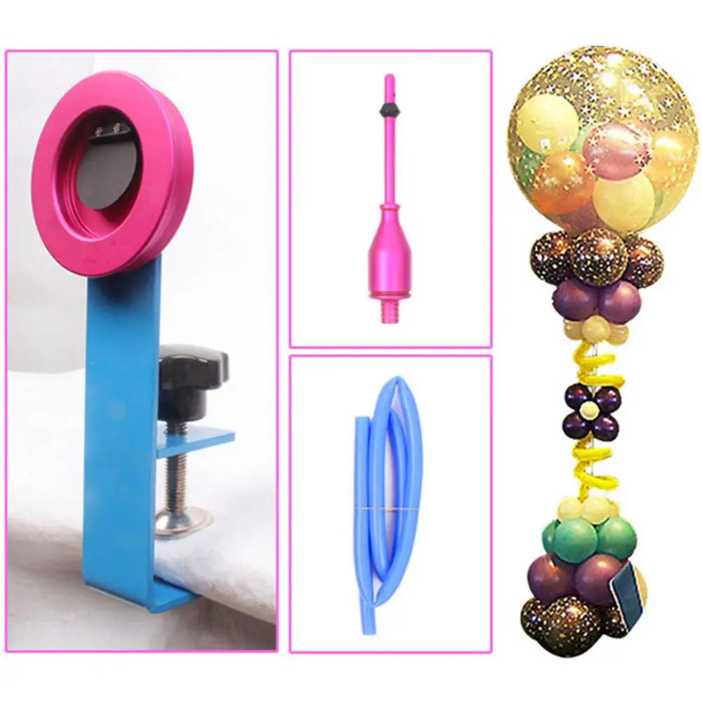 A set of tools for balloon stuffing including a pink metal inflator, a blue tool, and various colored balloons.