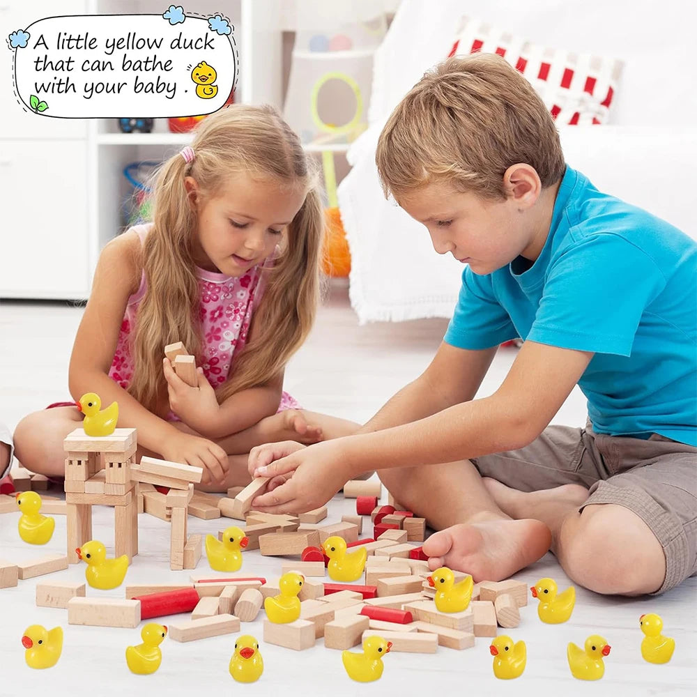 A boy and a girl are playing with mini yellow resin duck figurines for crafts and decor.