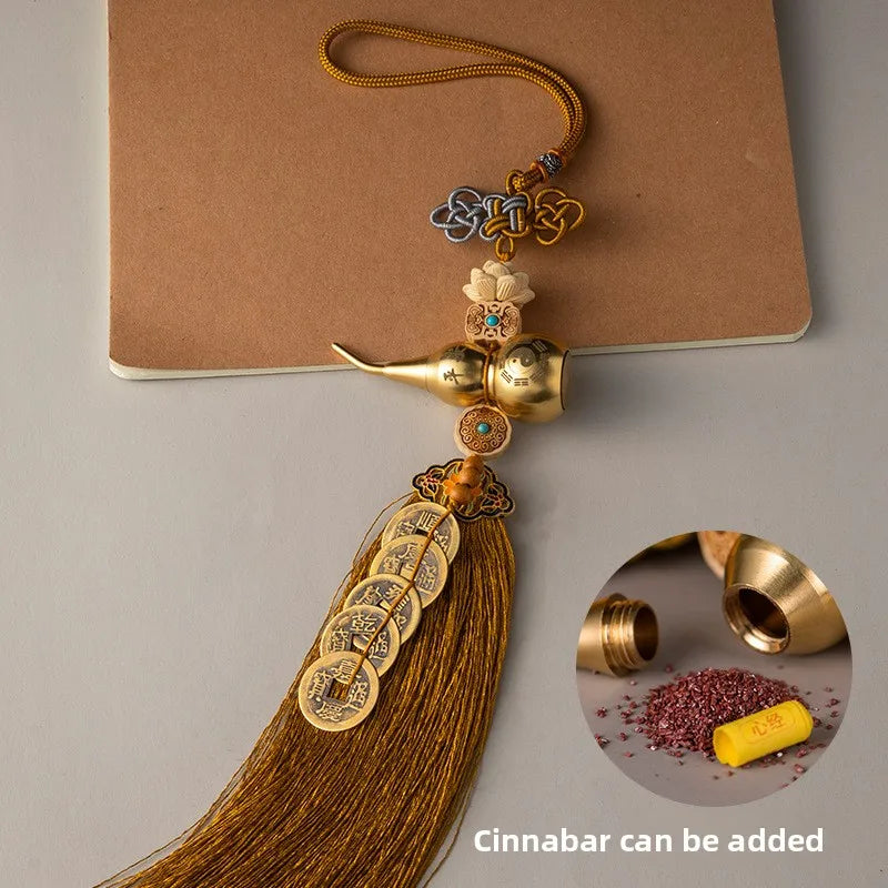 Brass gourd and five emperor coins hanging ornament with a gold thread and tassel