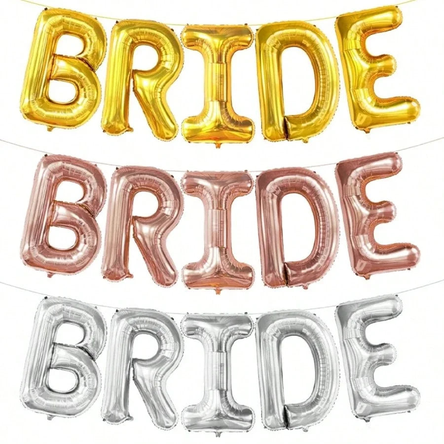 A set of foil balloons spelling the word BRIDE in gold, rose gold, and silver colors.