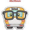 A cute yellow school bus mascot with large glasses and a smiling face.
