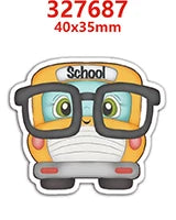 A cute yellow school bus mascot with large glasses and a smiling face.