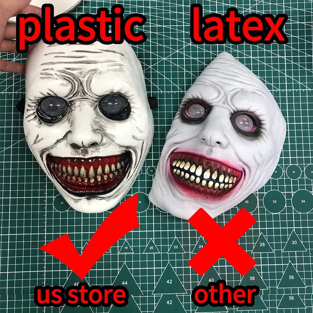 A white plastic latex mask resembling an exorcist demon face with exaggerated features.
