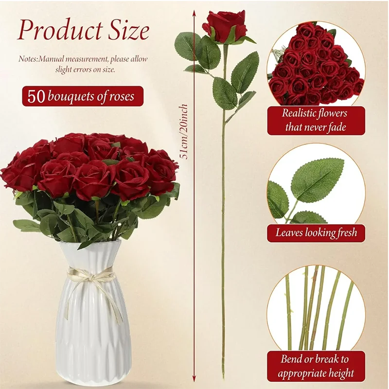 Realistic Velvet Artificial Roses – 20" Stems for Weddings & Home Décor