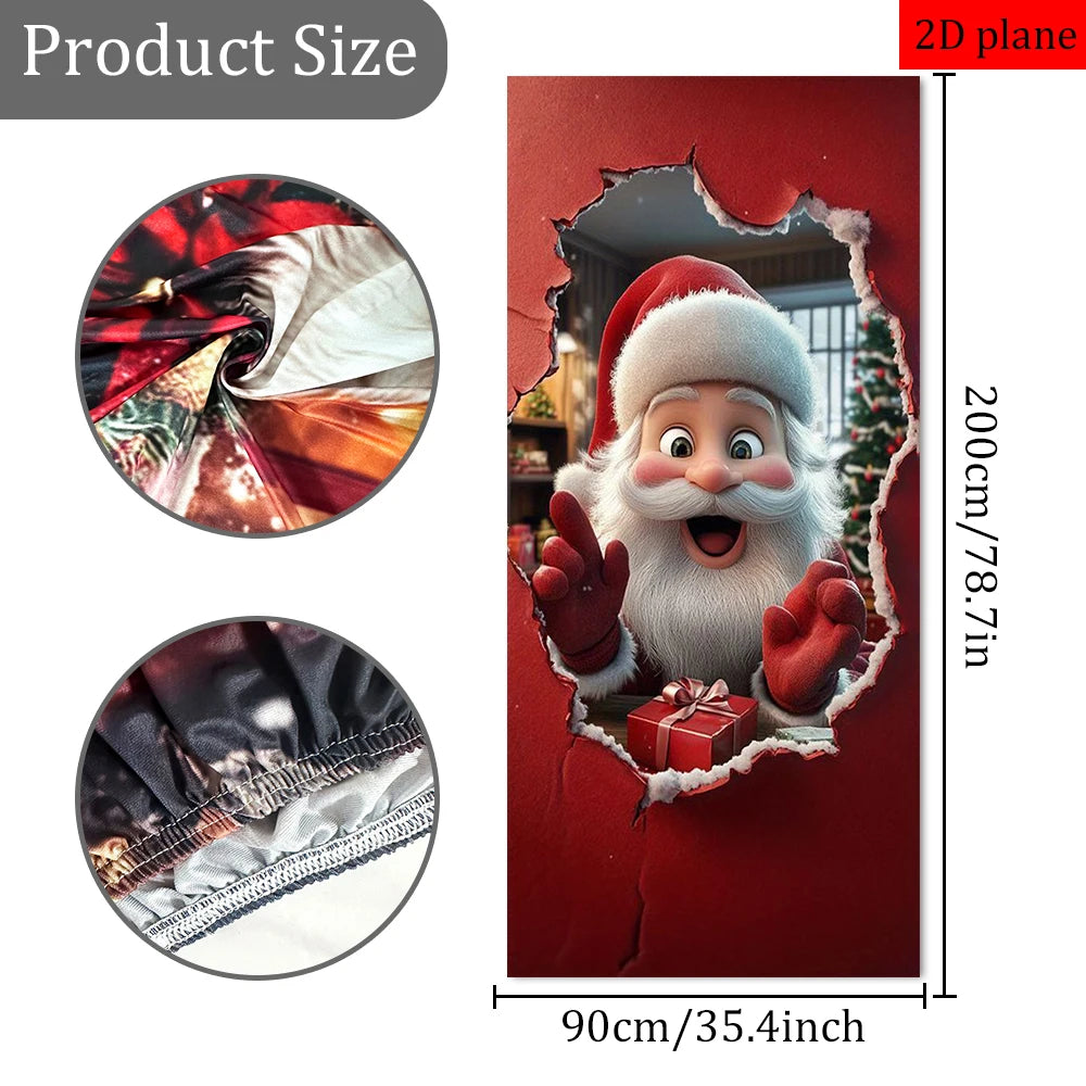 A festive red door cover featuring a Santa Claus face cutout with white beard and red suit details.