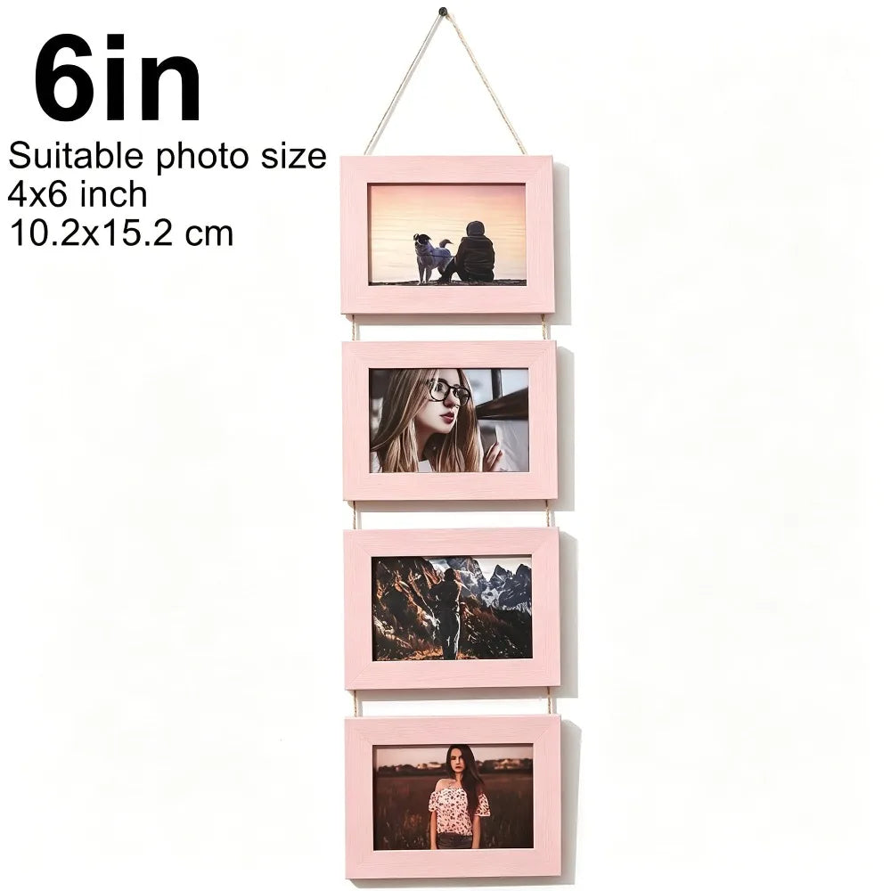 A set of five pink wooden photo frames displayed vertically, featuring various landscape and portrait photographs.