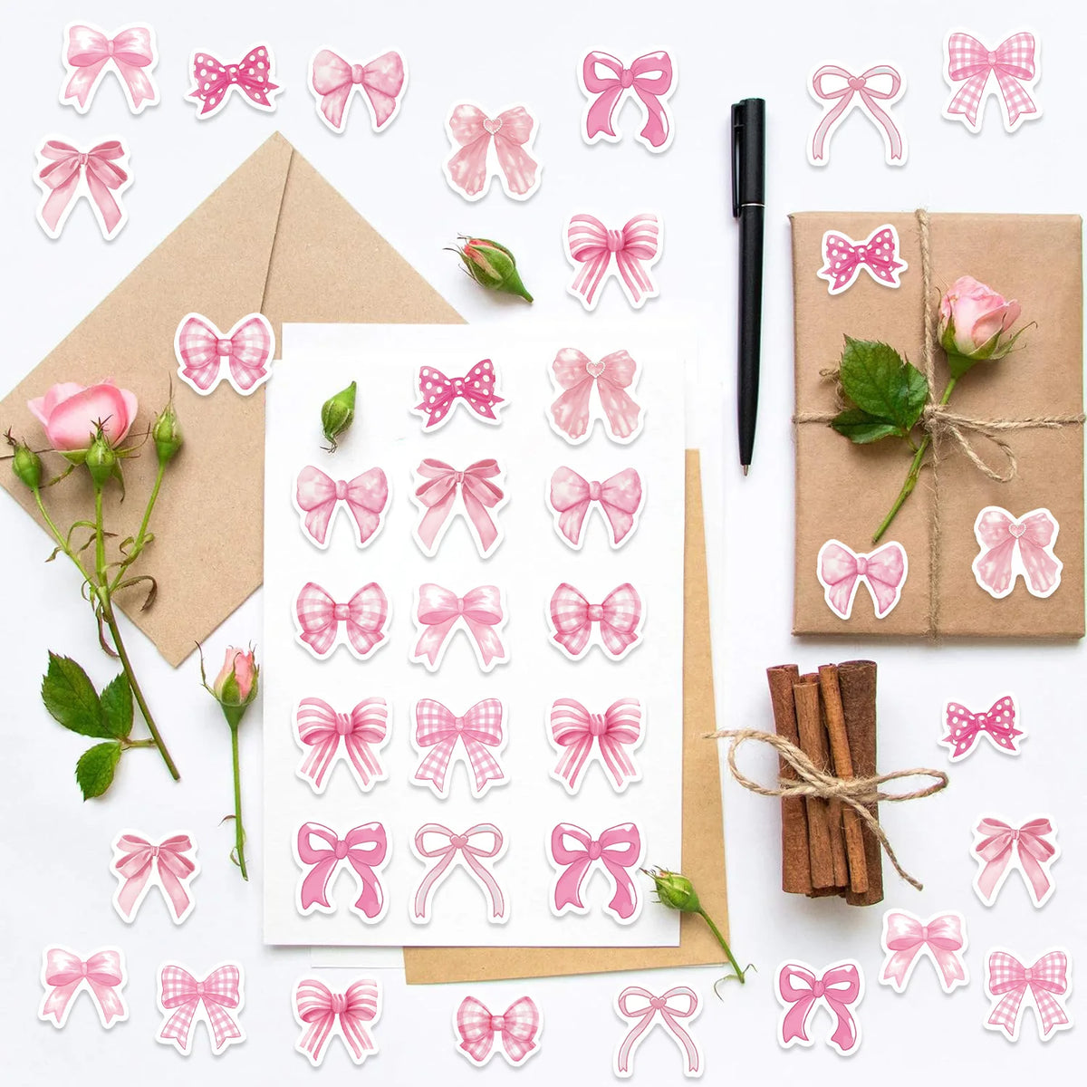 A set of pink and white decorative bow stickers for envelopes and rewards