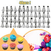 A collection of 48 stainless steel piping nozzles for cake and cookie decorating, shown alongside colorful frosting.