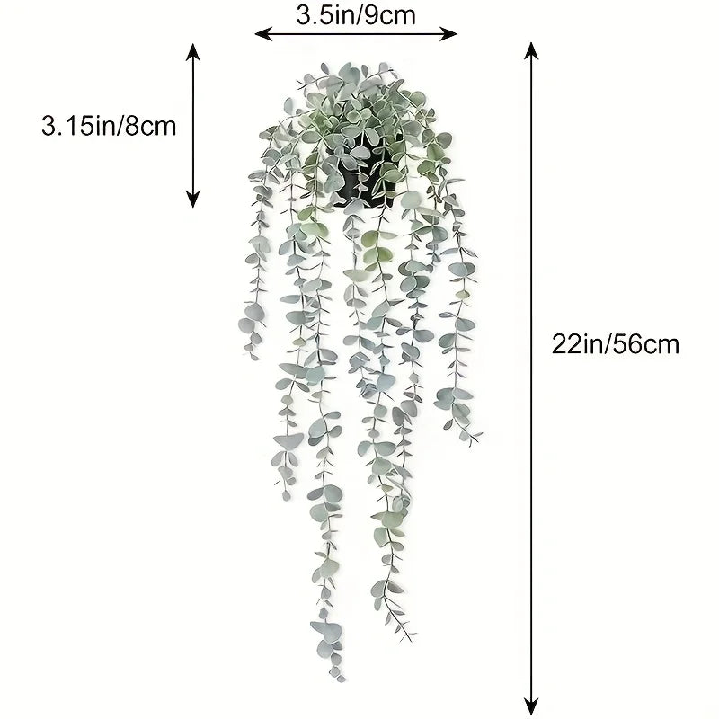 A long, cascading artificial plant featuring silvery-green leaves, displayed with dimensions of 3.15 inches by 8 cm and 22 in