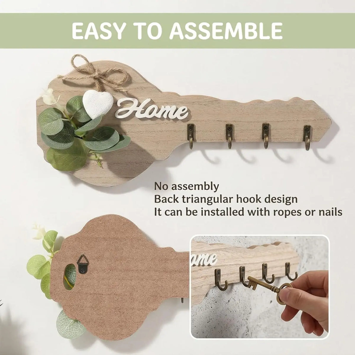 Rustic wooden key holder with a heart accent and four hooks designed for easy installation.