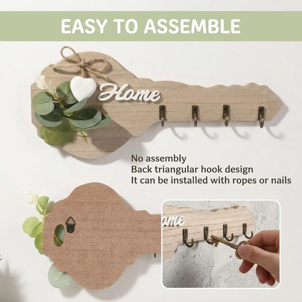 Rustic wooden key holder with a heart accent and four hooks designed for easy installation.