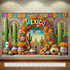 A vibrant Mexican fiesta backdrop featuring colorful cacti, flowers, and decorative elements.