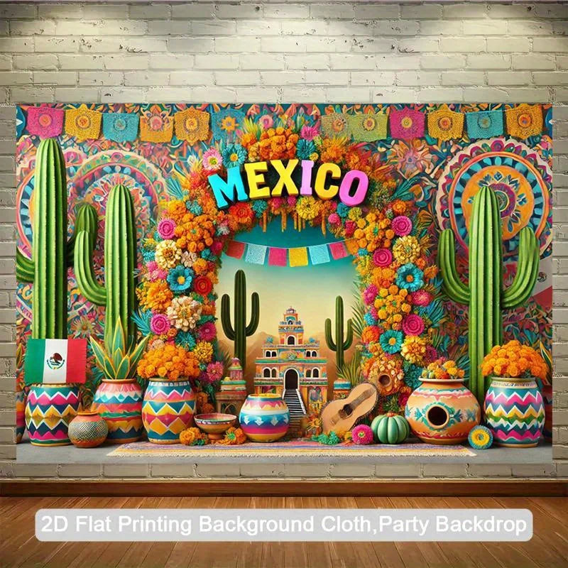 A vibrant Mexican fiesta backdrop featuring colorful cacti, flowers, and decorative elements.
