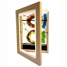 A wooden frame with a magnetic front-open design displaying colorful drawings of animals.