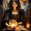 A woman with long dark hair looks down at an open book in a dimly lit, dramatic setting.