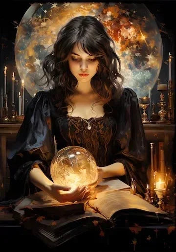 A woman with long dark hair looks down at an open book in a dimly lit, dramatic setting.