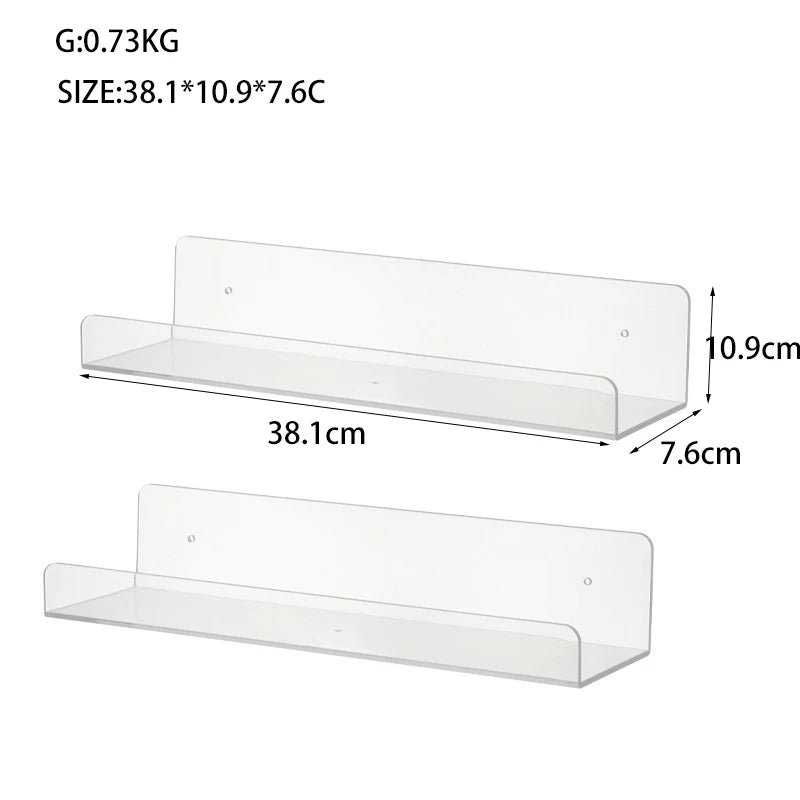 A clear acrylic floating display shelf measuring 38.1cm long, 10.9cm deep, and 7.6cm high.