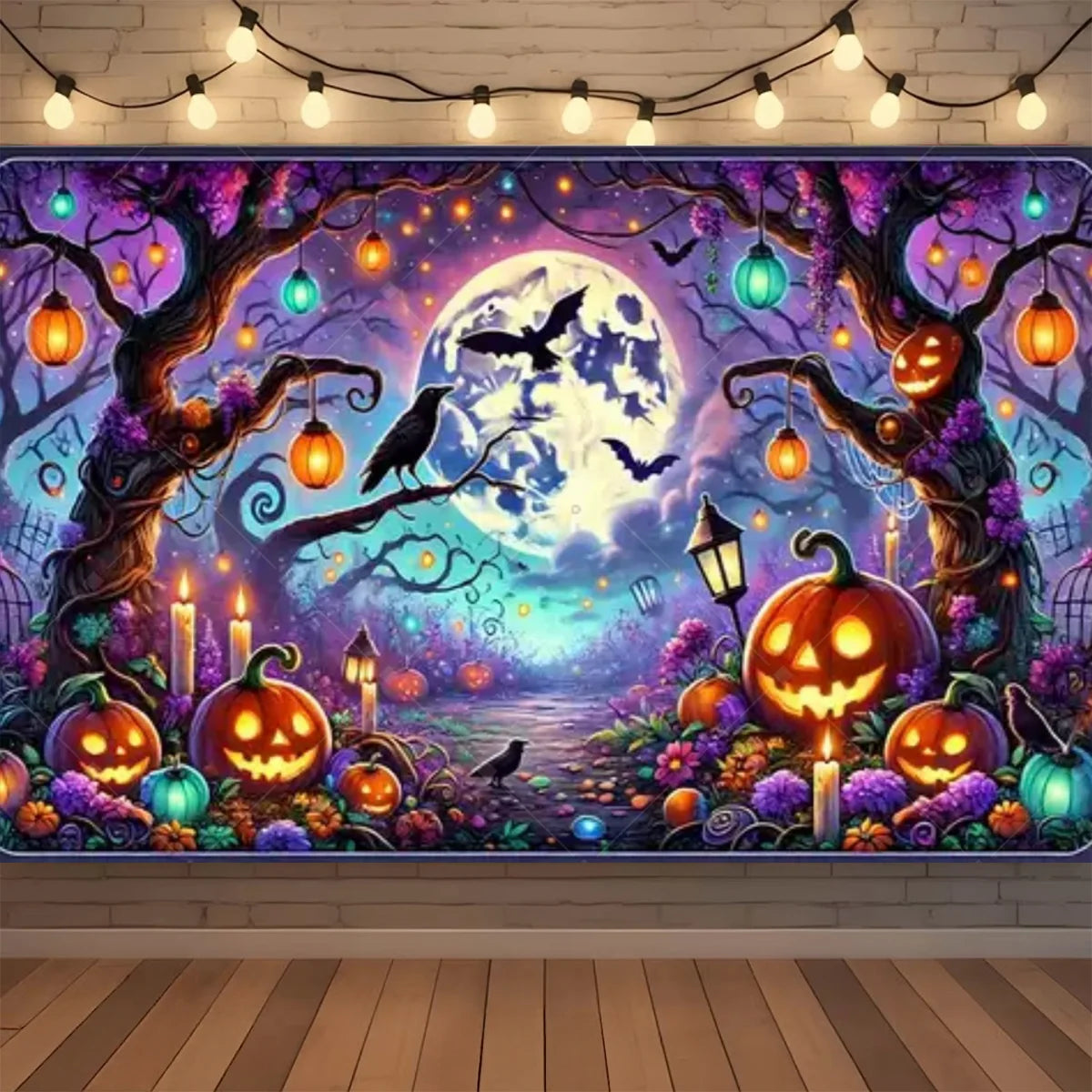 A vibrant Halloween neon backdrop featuring pumpkins, bats, and skulls set against a purple and blue night sky with glowing l