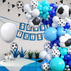 A balloon garland featuring black and white soccer balls and blue balloons for a birthday theme.
