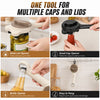 A set of multifunctional jar and bottle openers including a wide lid opener, small cap opener, and bottle opener.