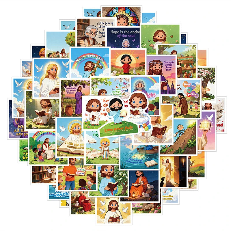 A collection of 50 inspirational Jesus decals and stickers featuring various scenes and figures for Christian faith journalin